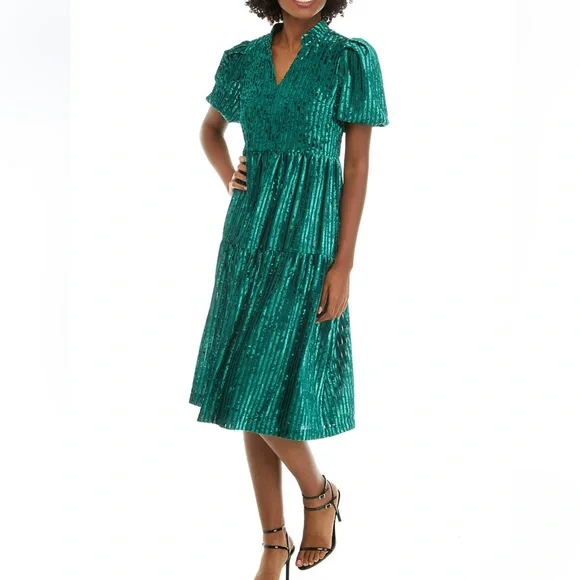 crown & ivy | Dresses | Nwt Crown Ivy Womens L Tiered Velvet Holiday Green  Stripe Lurex Midi Dress | Poshmark